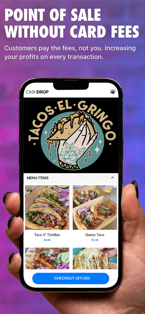 CASHDROP - Aplicación móvil de TPV de CASHDROP mostrando una tienda digital para un negocio de tacos con un botón de pago