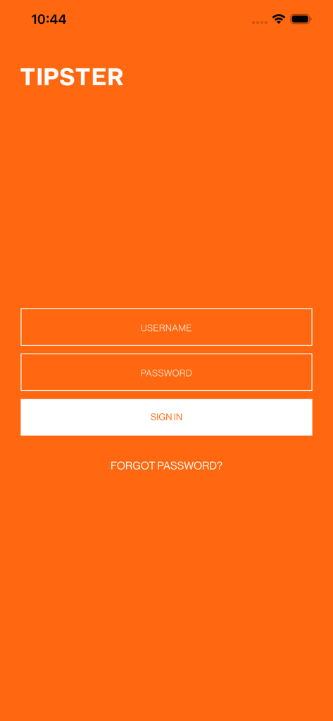 TIPSTER 0701 - Anmeldebildschirm der Tipster Partner App mit Feldern für Benutzername und Passwort auf orangefarbenem Hintergrund