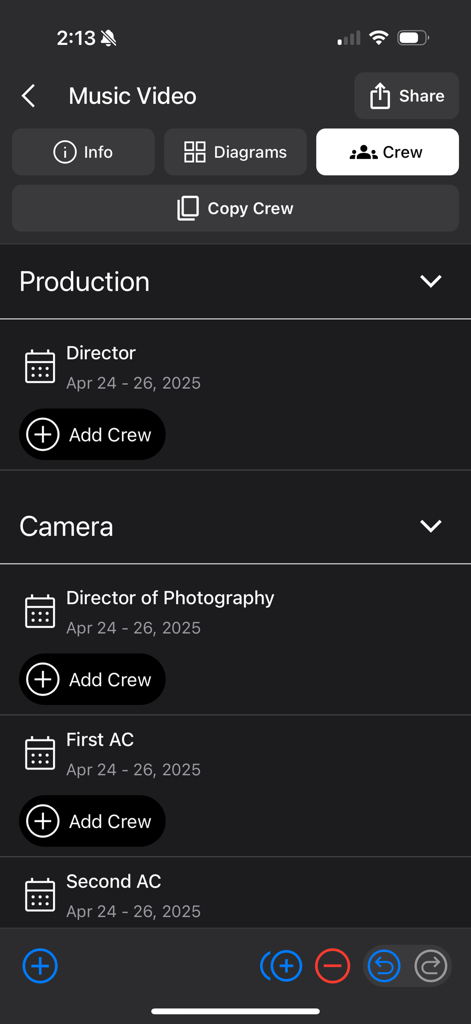 Scenario mobile - Crew management screen in the Scenario mobile app showing a list of production and camera roles for a music video