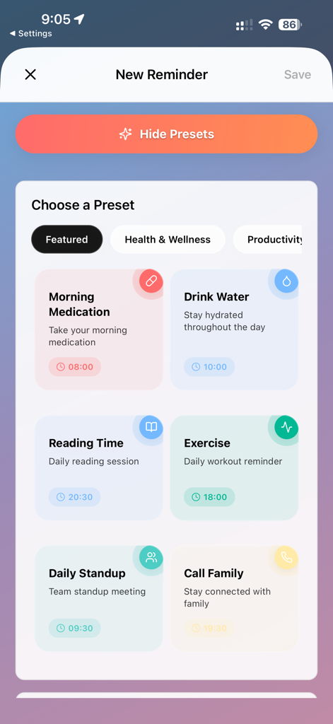 Smart Reminder app interface showing preset categories for health wellness and productivity habits