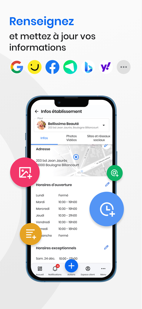 Solocal Manager - Solocal Manager app screen showing business profile management for local SEO across multiple platforms