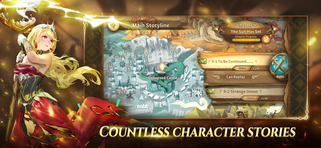 Sdorica RPG main storyline menu featuring a blonde female character and fantasy map