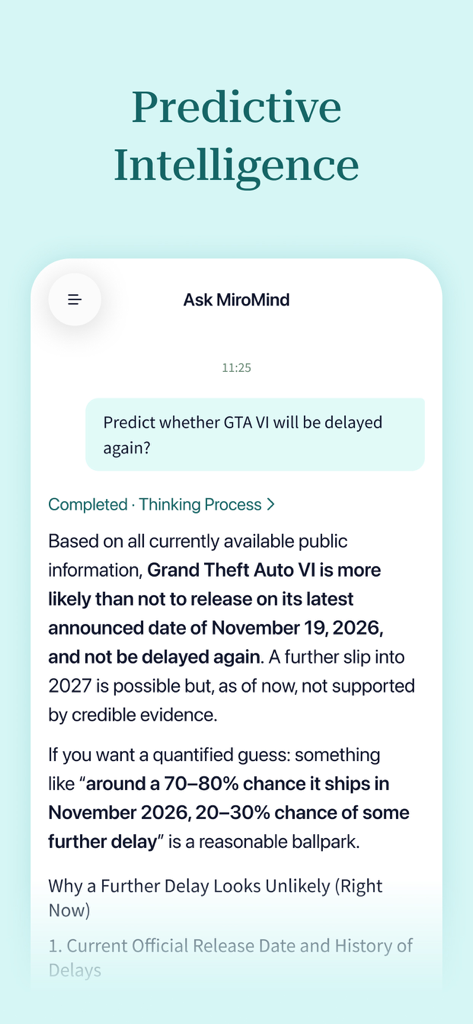 MiroMind - Ein Screenshot der MiroMind-App, der eine detaillierte KI-Vorhersage über das Erscheinungsdatum eines Produkts unter Verwendung seiner prädiktiven Intelligenzfunktion zeigt.
