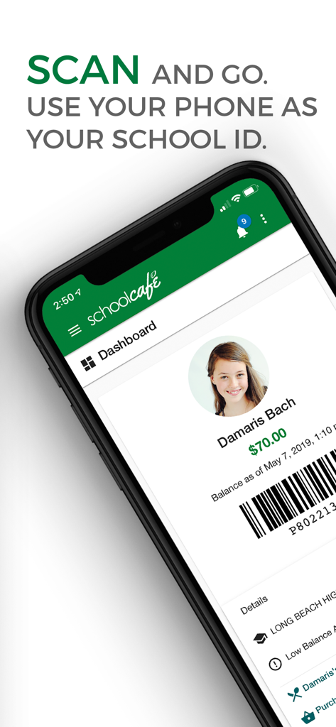 SchoolCafé - Smartphone displaying the SchoolCafe app digital school ID feature with a scannable barcode