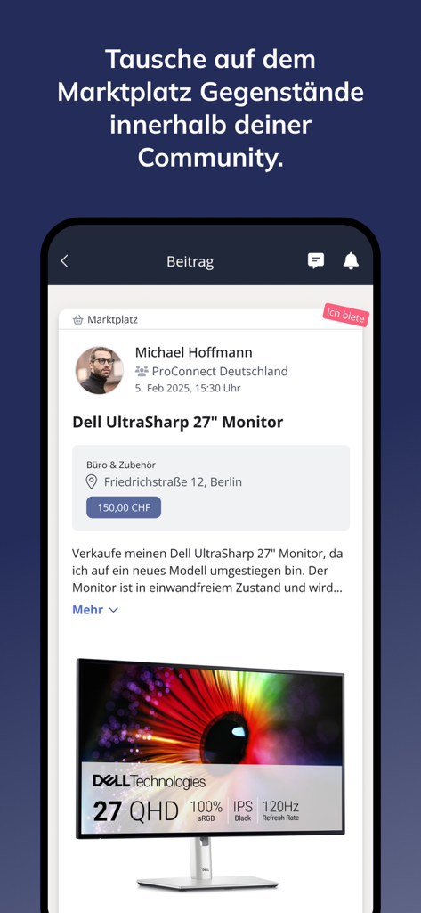 Eine Community-Marktplatzfunktion in der beUnity App, die zeigt, wie ein lokales Mitglied einen Computermonitor verkauft