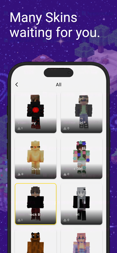 Seeds for Minecraft PE & Java - A mobile interface displaying a variety of downloadable character skins for Minecraft