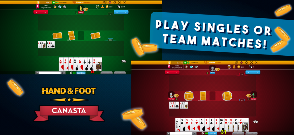 Benutzeroberfläche des Hand and Foot Canasta-Spiels mit Einzel- und Team-Matchplay auf verschiedenen Tischfarben