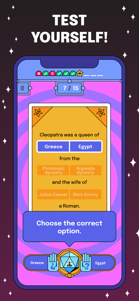 Dilemo - Schermata di trivia dell'app Dilemo che mostra una domanda di storia su Cleopatra con opzioni di swipe