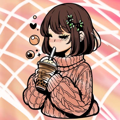 manga girl drinking boba in cozy sweater