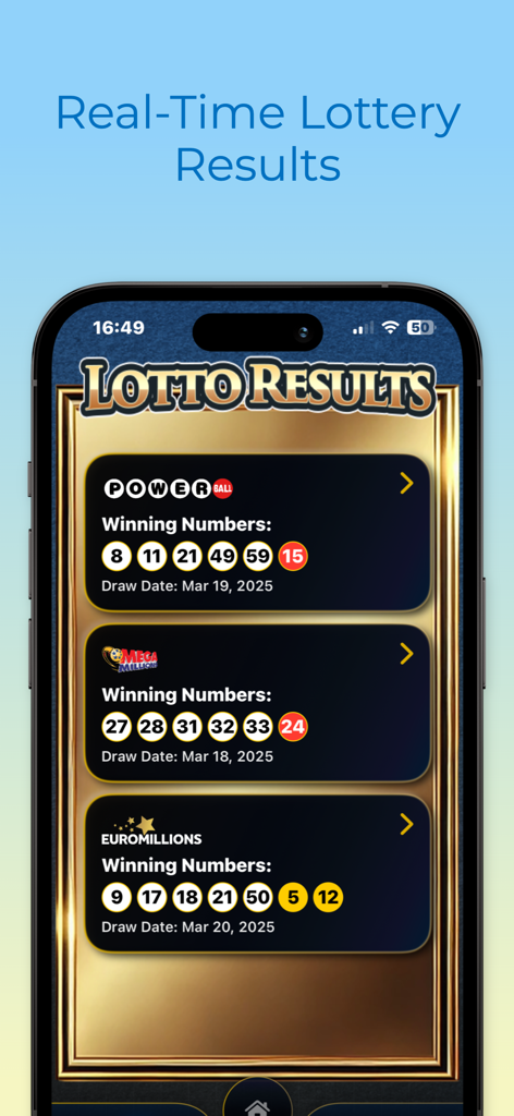 JackpotAI: Lottery Predictor - Smartphone screen showing real-time lottery results for Powerball Mega Millions and EuroMillions