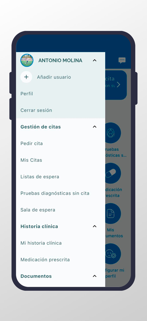 Menú de navegación de la aplicación IMED Hospitales con gestión de citas e historial clínico