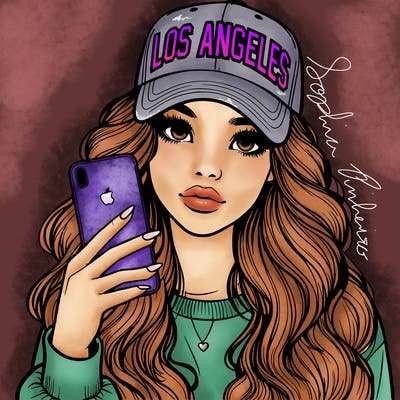 realistic beautiful girl wearing los ángeles cap holding an iphone