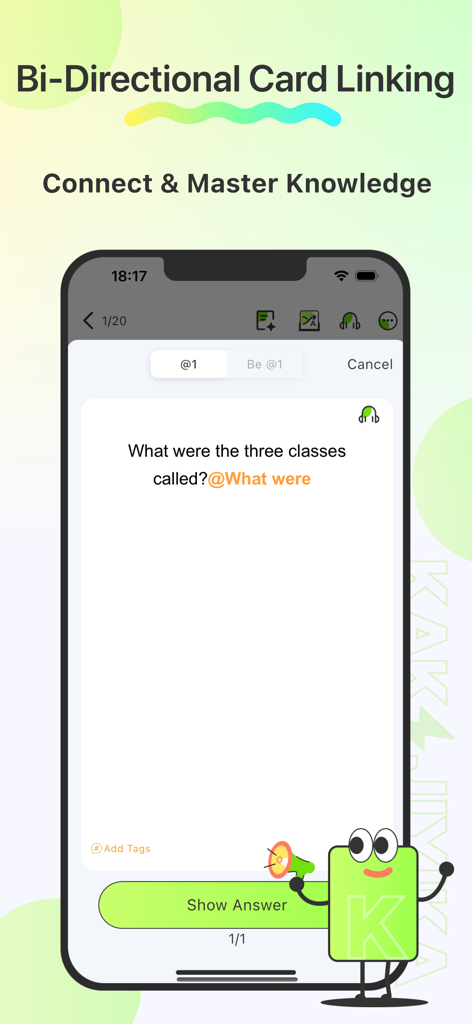 GreenNote-Flashcards for memo - GreenNote Mobile-Oberfläche, die bidirektionale Karteikartenverknüpfung für verbundenes Wissen demonstriert