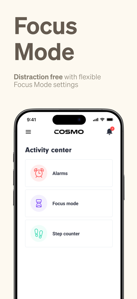 COSMO: Mission Control - COSMO Mission Control app interface showing activity center with options for alarms focus mode and step counter