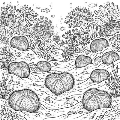 Dive into an amazing full scene coloring page featuring the fascinating heart urchins in their natural underwater habitat. This intricate design offers hours of creative relaxation as you bring the ocean floor to life.