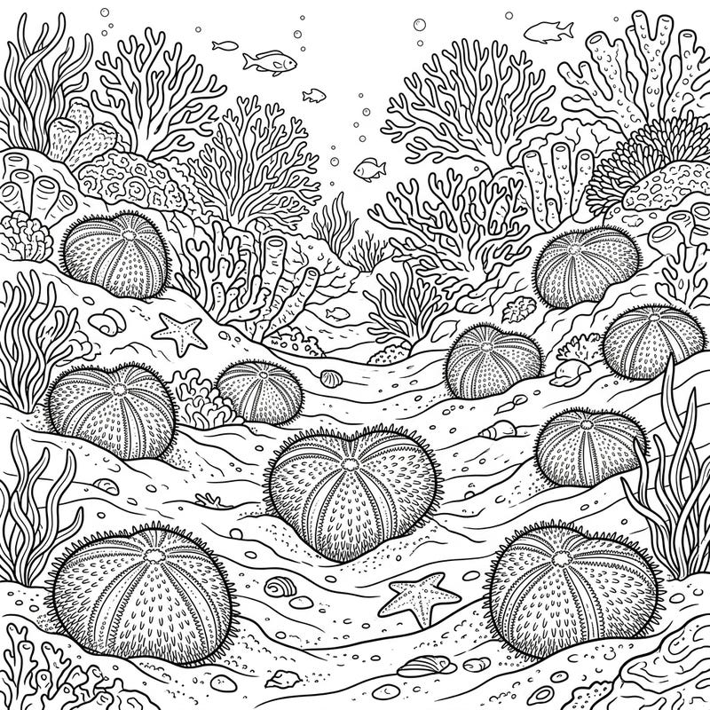 Dive into an amazing full scene coloring page featuring the fascinating heart urchins in their natural underwater habitat. This intricate design offers hours of creative relaxation as you bring the ocean floor to life.