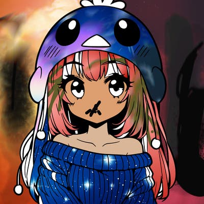 anime girl with chick shaped hat with sweater with bare shoulders with bangs covering them one eye with low tail
