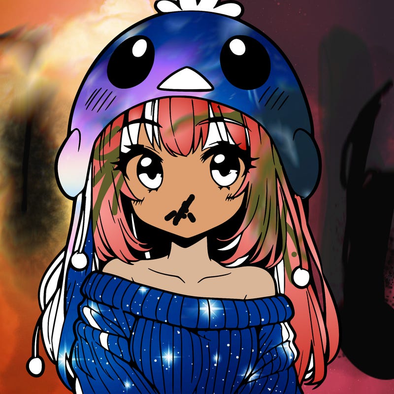 anime girl with chick shaped hat with sweater with bare shoulders with bangs covering them one eye with low tail