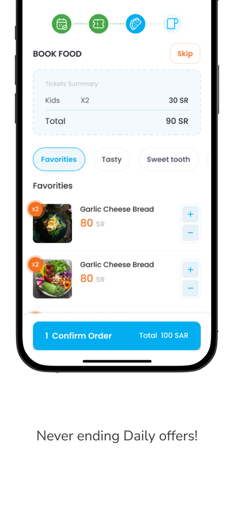 Sala Hub - Ein Essensbestellbildschirm in der Sala Hub App mit Menüpunkten und einer Ticketübersicht für Familienunterhaltungszentren.