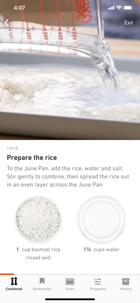June - Instructions de recette étape par étape pour préparer du riz sur l'application mobile June