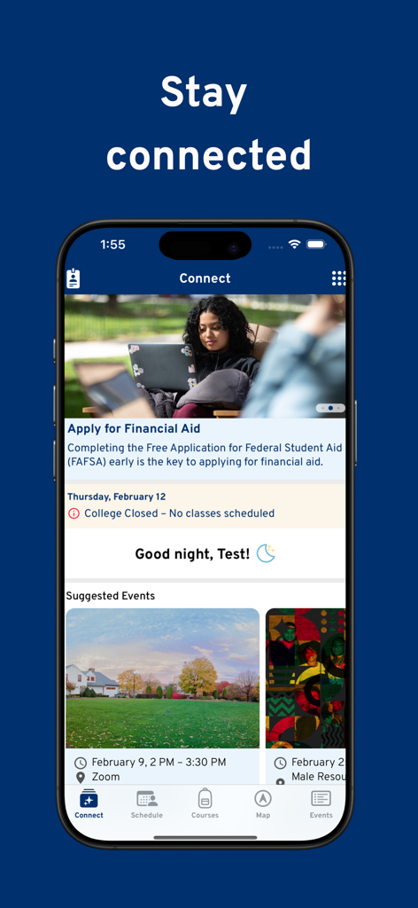 The home dashboard of the QCC Connect app showing student information, campus news, and upcoming events.