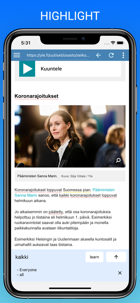 ReadLang WatchLang - ReadLang WatchLang app showing highlight and translate feature on a news article
