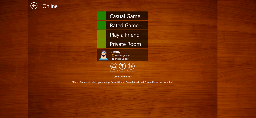 The online game menu for Cribbage JD featuring options for casual games, rated matches, and playing with friends.
