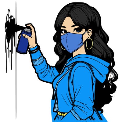 realistic girl with mask spray painting a wall