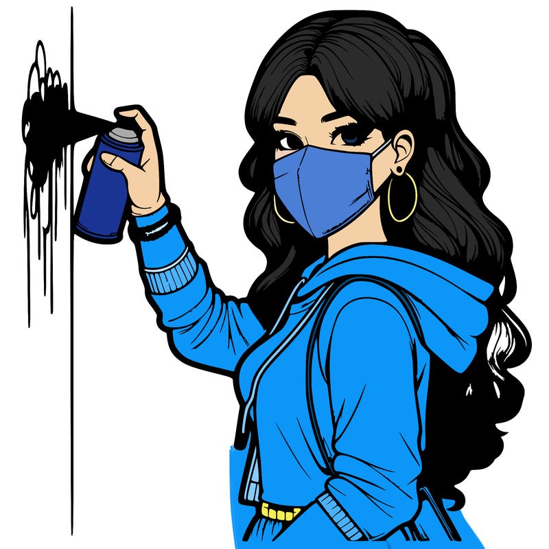 realistic girl with mask spray painting a wall