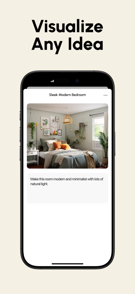 Visualize AI - Interior Design - A smartphone displaying the Visualize AI app with a sleek modern bedroom design generated from a text prompt.
