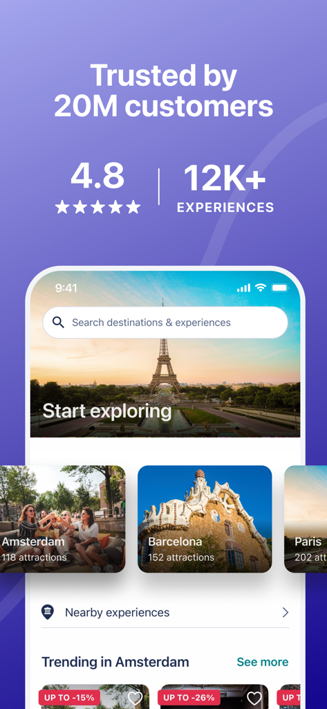 Tiqets - Museums & Attractions - Tiqets mobile app interface showing travel destinations and customer trust statistics