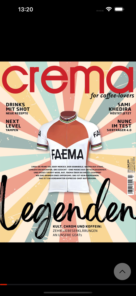 crema Magazin - Cover of crema Magazin titled Legenden featuring a vintage Faema cycling jersey and coffee related headlines.
