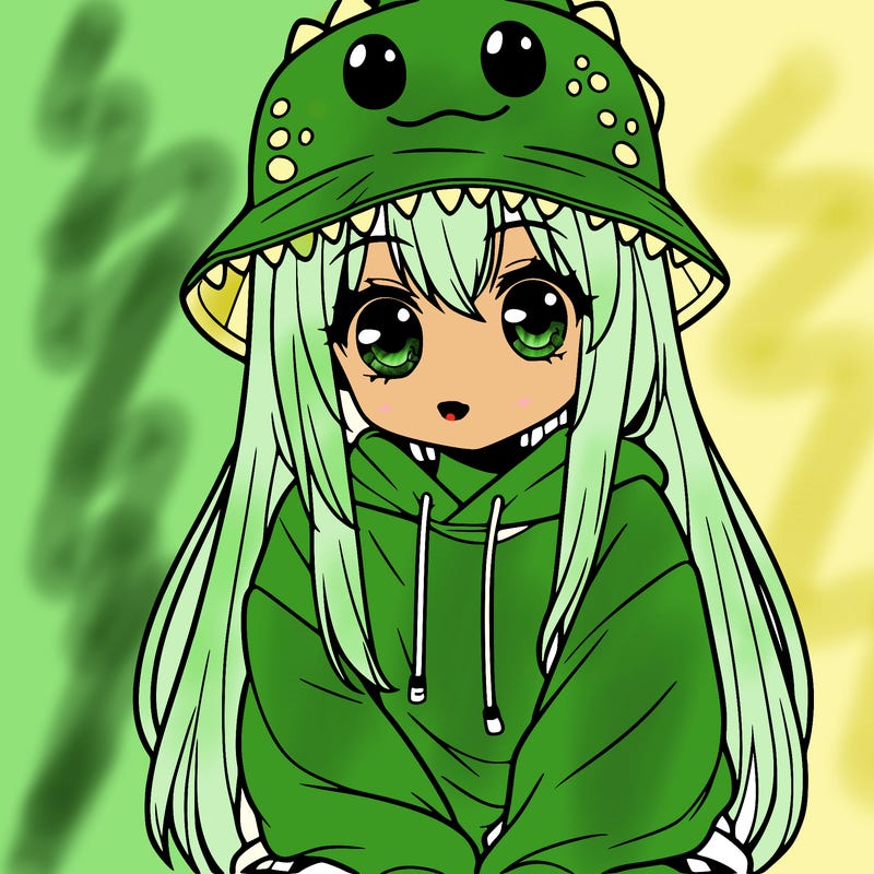 girl with anime shaped eyes with a dinosaur bucket hat oversized sweatshirt long straight hair