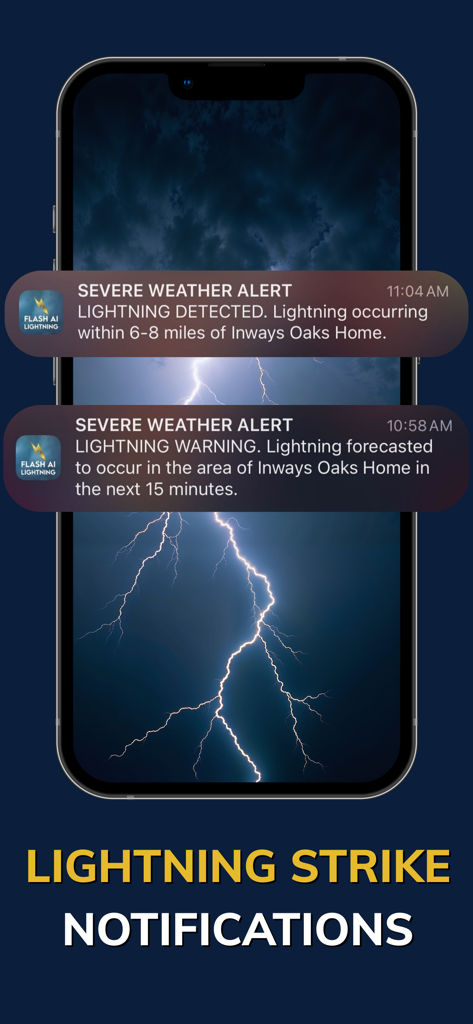 Flash Weather AI - Application Flash Weather AI montrant des alertes météorologiques sévères et des notifications de coups de foudre sur l'écran d'un iPhone.