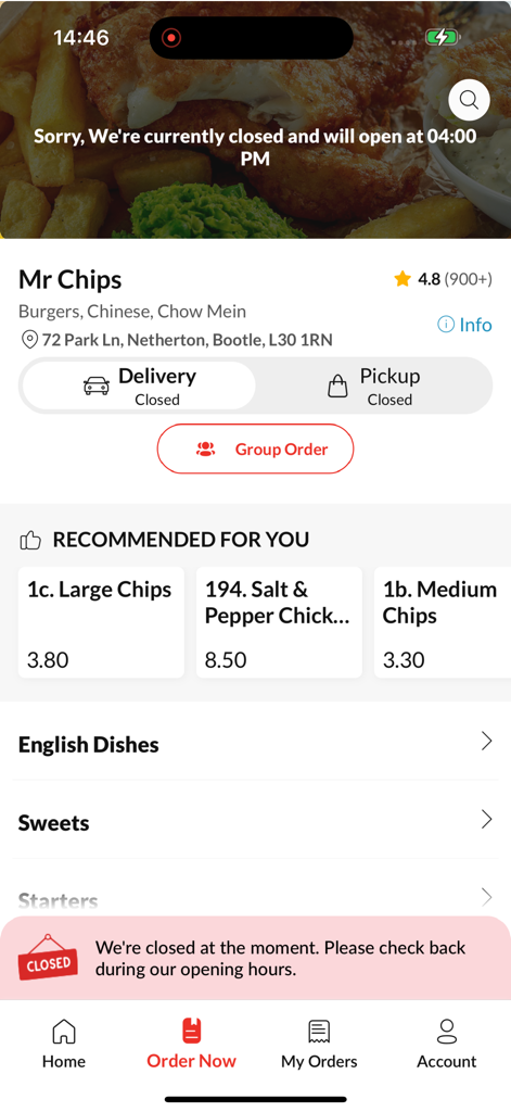 Mr Chips. - Mr Chipsモバイルアプリのインターフェース。おすすめアイテムと食品カテゴリが表示されたレストランメニューが表示されています。