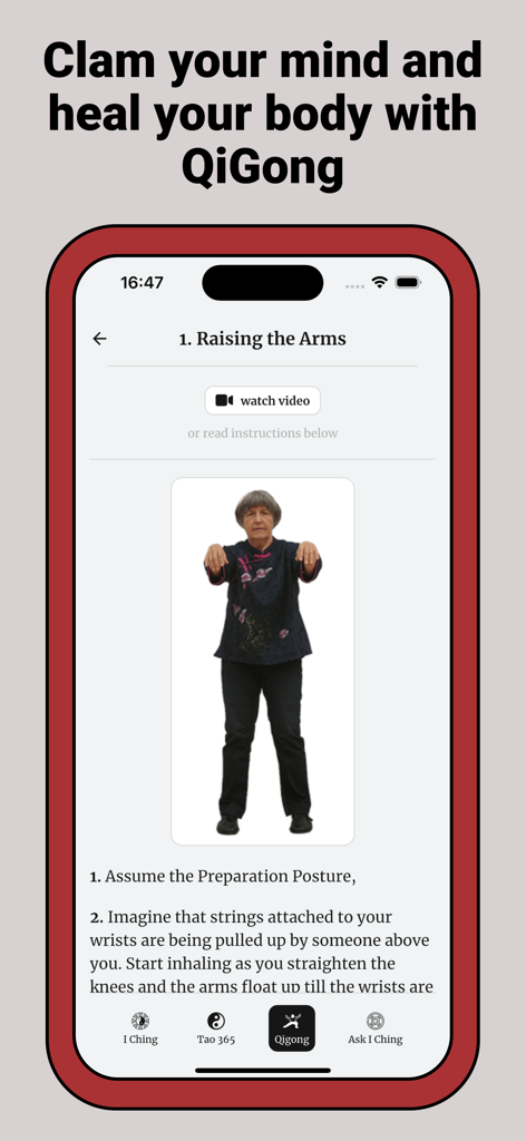 I Ching - Una pantalla de aplicación móvil que demuestra el ejercicio de QiGong de Levantar los Brazos con una imagen y texto instructivos