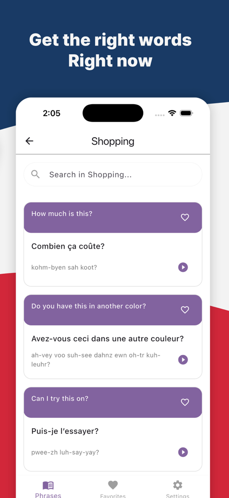 French Phrasebook Travel - French Phrasebook Travel app interface showing shopping phrases with phonetic pronunciation guides and audio buttons.