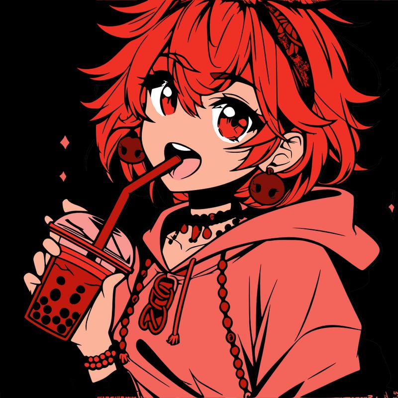 hot baddie anime girl drinking boba and biting the straw