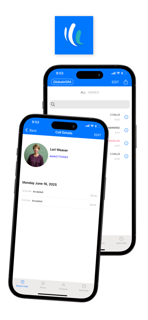 GlobaleSIM - Pantallas de historial de llamadas y detalles de contacto de la aplicación GlobaleSIM mostradas en iPhones