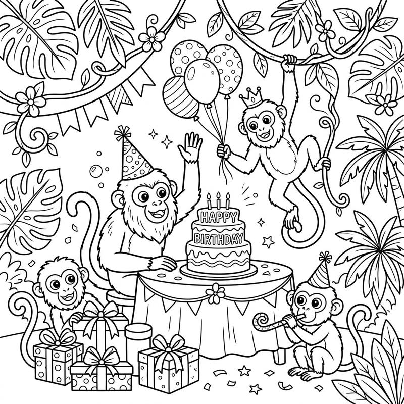 Get ready to party with this adorable Howler Monkey birthday coloring page! Featuring festive monkeys, a delicious cake, and colorful balloons, it's perfect for a joyful coloring session.