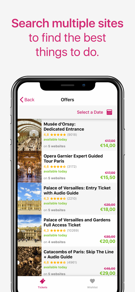 TicketLens: Tours & Activities - TicketLensアプリのスクリーンショット、パリでのツアーおよびアクティビティオファーのリスト、価格比較、ユーザー評価を表示