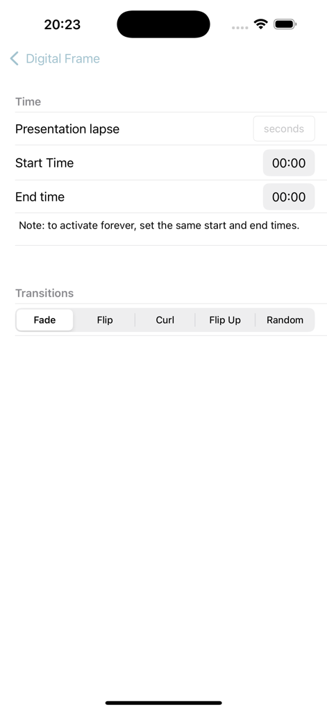 Digital Frame - Settings interface of the Digital Frame app showing slideshow timing and transition options