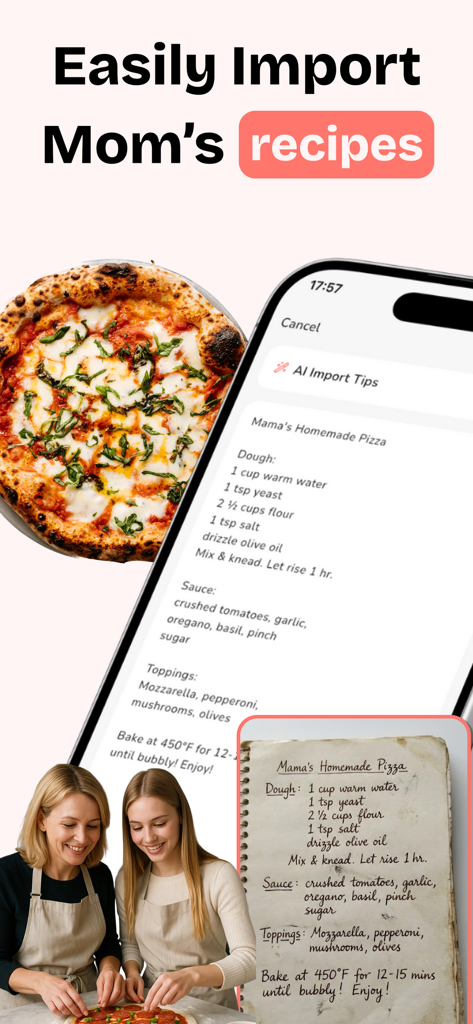Smartphone app screen showing a handwritten pizza recipe being digitized into the Recipy app with a mother and daughter cooking together