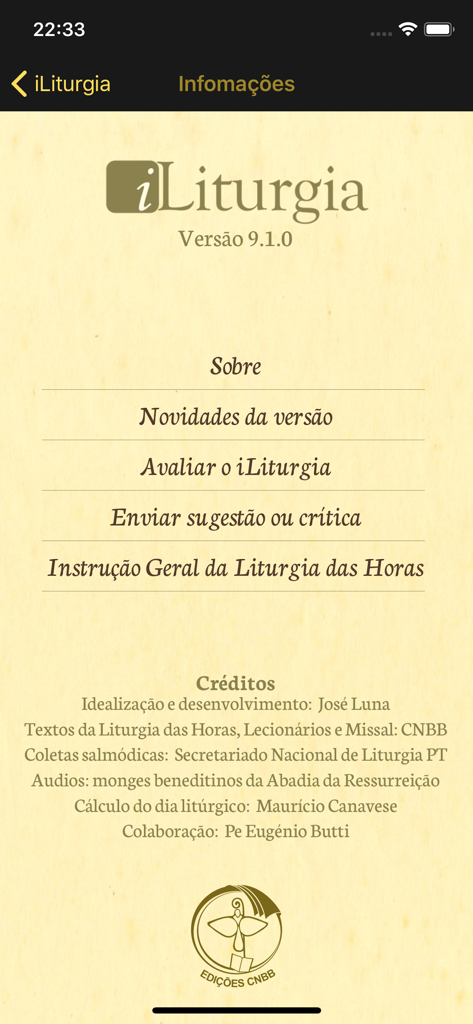 iLiturgia - A página de informações e créditos do aplicativo iLiturgia mostrando o logotipo oficial da parceria com a CNBB.