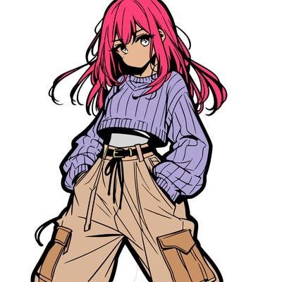 anime teen girl with baggy pants and crop top with sweater