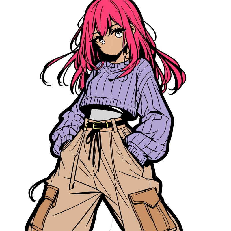 anime teen girl with baggy pants and crop top with sweater