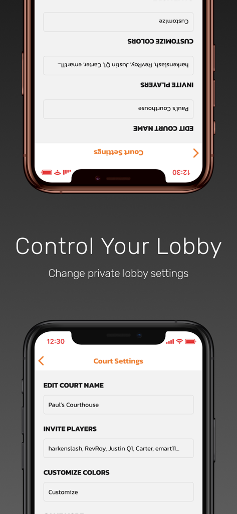 Gym Class VR: Companion App - Mobile screen of Gym Class VR Companion App showing private lobby and court settings controls