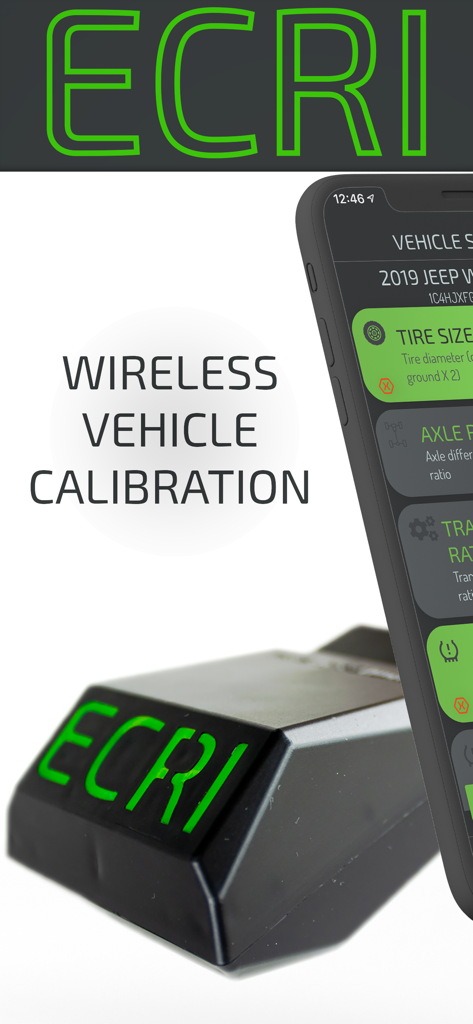 Hardware de calibração de veículos sem fio ECRI e interface do aplicativo móvel para ajustes de tamanho de pneu