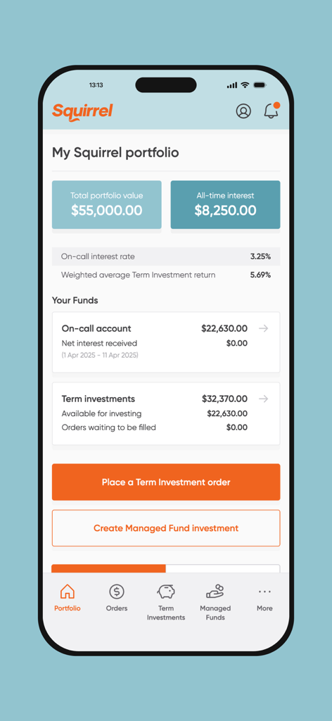 Squirrel app dashboard showing total portfolio value and investment interest stats