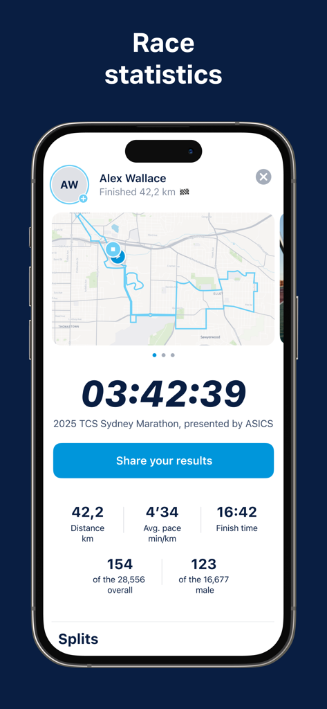 TCS Sydney Marathon - Mobile app interface showing marathon race statistics including finish time and average pace